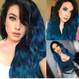 QW Accessories long curly ombré blue wavy wigs, 13*4 front lace